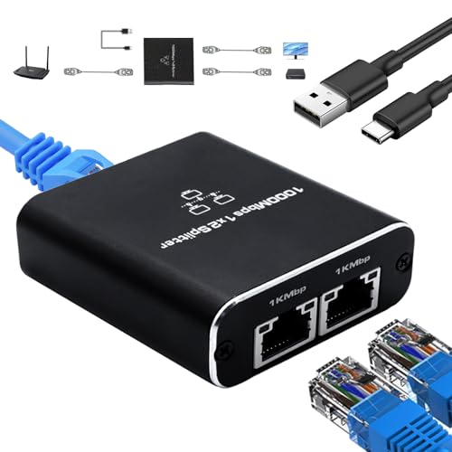 GNUADZ LAN Splitter 1 to 2, 1000 Mbps Gigabit Ethernet Splitter 2 Port with Type-C Power Cable, Aluminum Housing Network Switch for Computer, Hub, Router, Modem, Set-Top Box, Cat 5/5e/6/7/8