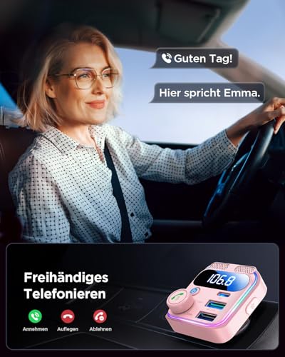 JOYROOM 81W Bluetooth Adapter Auto,【45W PD & Bass Hi-Fi Stereo】 2026 Version FM Transmitter Auto Bluetooth5.4,【36W QC3.0 & Freisprechanlage】 Dual-Mikrofon & LED-Licht, Bluetooth & U-Disk (Rosa)