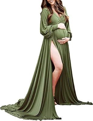 ChoiyuBella Maternity Dress for Photoshoot Baby Shower - Off Shoulder Long Sleeve Sweetheart Maxi Gown, Flowy Side Slit Pregnancy Photography Dress for Women Formal(Amygreen 2XL )