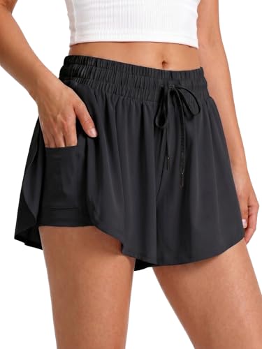 Ewbob Girls Flowy Athletic Shorts High Waisted 2-in-1 Butterfly Shorts with Built-in Liner & Pocket for Kids Tennis Gym School C22 Black Age 13-14 Years