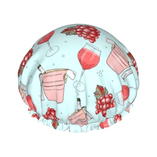 Gorro de ducha de doble capa con estampado de copa de vino, reutilizable, impermeable, gorro de ducha grande para mujer, gorro de ducha para ducha con forro de Peva y cuerda elástica