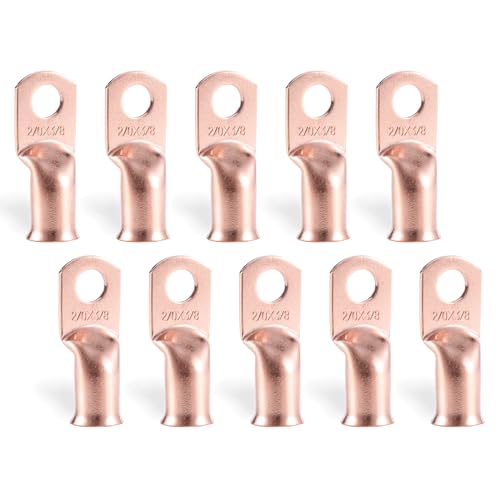 RIOCAN 2/0 AWG 3/8″ (M10) Copper Ring Terminals, 10 Pcs Heavy Duty Battery Cable Lugs for 00 Gauge Wire, High-Current for Welding, Battery & Industrial DC Power