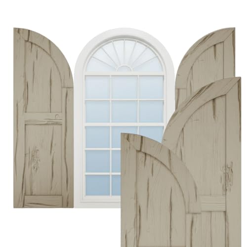 Ekena Millwork 12"W x 82"H (70" Low Side) Timberthane Riverwood Two Equal Flat Panel w/Quarter Round Arch Top Faux Wood Shutters (Per Pair), Primed Tan