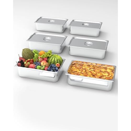 Full Size Steam Table Pans with Handle & Lid, 6-Pack 6 in Deep Restaurant Steam Table Pans Commercial, Anti-Jamming Hotel Pan Stainless Steel