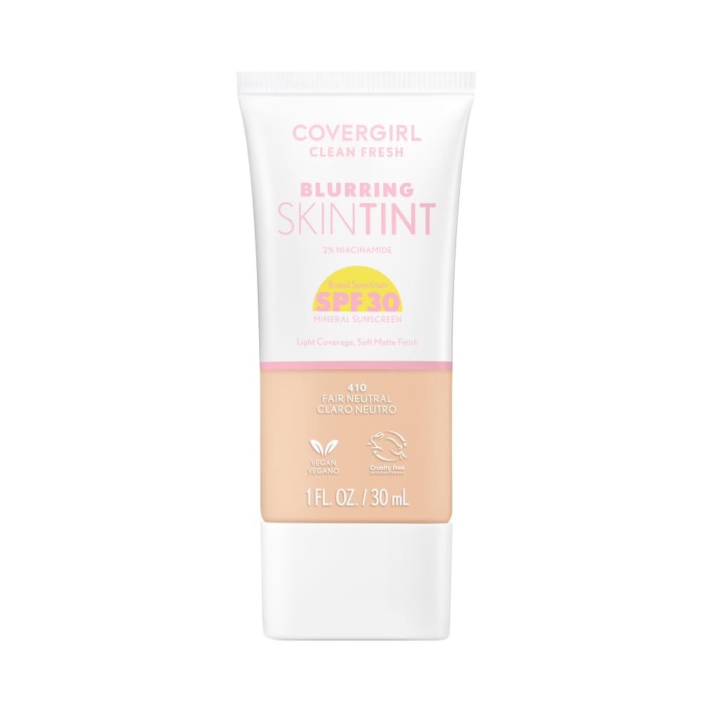COVERGIRL Clean Fresh Blurring Skin Tint with SPF 30, 410 Fair Neutral, Liquid Foundation, Soft Matte Finish, Smooths, Brightens, Blurs Pores, Mineral Sunscreen, Vegan Formula