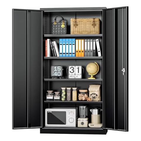 INTERGREAT Black Metal Storage Cabinet Doors, 72" Locking Steel Storage Cabinet with Shelves, Tall Metal Cabinet Lockable Steel Cabinets for Home Office, Garage Cover