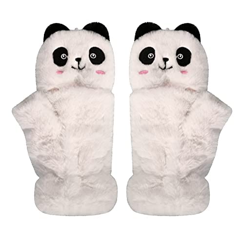 JIAHGWomen Winter Fingerless Mittens Girls Plush Panda Gloves Furry Warm Half Finger Convertible Gloves Hand Wear Soft Faux Fur Arm Warmer Cartoon Animal Gloves