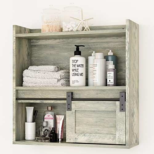 bukfen Storage Cabinet, Wooden Wall Mounted with Half Sliding barn Door, 3-Tier Decorative Farmhouse Vintage Cabinet for Kitchen Dining, Living Room (Gray)