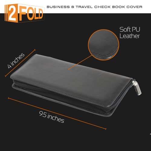 2Fold Business Size and Travelers Check Large Checkbook Cover with Zipper for Side and Top Tear Checks - Synthetic Leather Feel Check Book Cover with Built in Duplicate Check Sleeve and Pockets- Black - Thumbnail 4