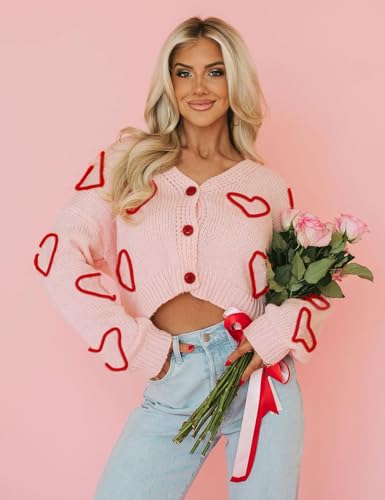 Image of Yimoon Women's Valentines Heart Cardigan Sweater Cute Cropped Knit Sweater Oversized Button Down Cardigan Top
