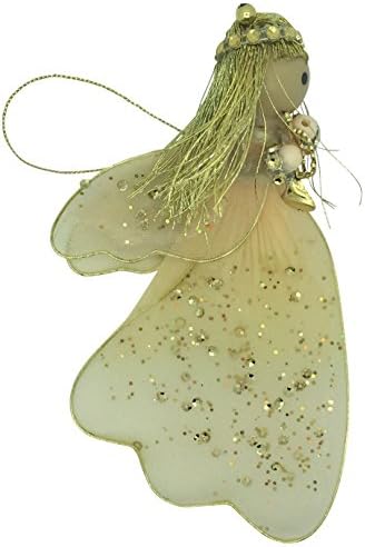Christmas Gold Hair Angel Playing Harp Wire Frame with net 6 inch Ornament