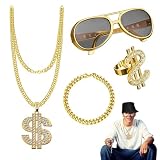 Genérico 4 Pcs 80s/90s Hip Hop Dress Accessories | 90s Hip Hop, Fake Gold Necklace Chain, Punk Sunglasses, Dollar Sign Finger Ring for Men Women
