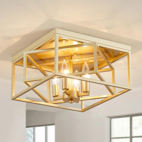 ElegLumi Square Ceiling Light, 4-Light Flushmount Modern Close to Ceiling Light Fixture for Living Room, Bedroom, Dining Room, L13 x W13 x H7 inch, Gold Finish Frame by ElegLumi - Used condition - US$71.99