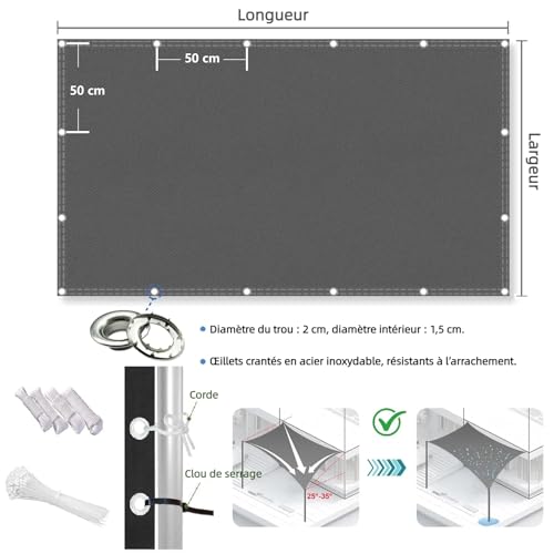Voile d'ombrage rectangulaire 2.2x5m gris foncé imperméable