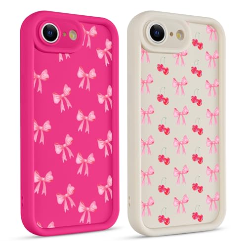 lioscre 2 Pack Cute Coquette Bow Phone Case for iPhone 16e / 17e 6.1", Aesthetic Pink Cherry Ribbon Bowknot Pattern Print Design Women Girls Case Soft Slim Shockproof TPU Protective Funda Cover