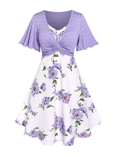 Image of Rosegal Plus Size Women Cottagecore 2PC Floral Sundress Set | Flutter Sleeves Twisted Crop Top, Cottagecore Floral Cami Dress, Vintage Midi Dress Set, Sleeveless Midi Dress
