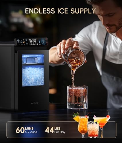 ecozy Nugget Ice Maker Countertop, Smart Pebble Ice Machine with APP Control, 44 lbs Per Day Soft Pellet Chewable Ice with Self-Cleaning, Black