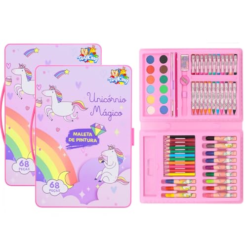 Kit 2 Estojos de Canetinhas Lápis Giz Desenhar Meninas Rosa Unicórnio 68 Itens