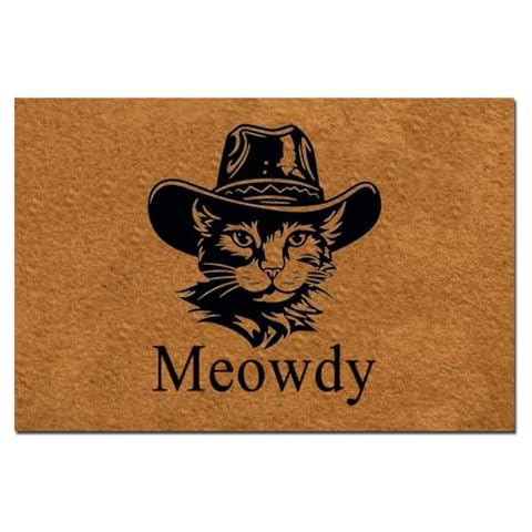 Msimplism.D Cowboy Cat Meowdy Doormat | Funny Front Welcome Mat | Indoor/Outdoor Use | Low Profile Design | Easy to Clean | Perfect Home Decor & Gift, Small, Brown Cover