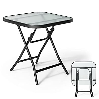 GIANTEX Mesa de Exterior de Cristal Plegable, Mesita de Café, Mesa de Patio para Comedor Portátil, sin Instalación, Mesita de Jardín para Exterior (Cuadrado)