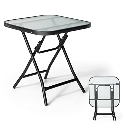 Giantex Folding Side Table, Square Small Patio Table, Tempered Glass Tabletop, Steel Frame, Weather-Resistant Outdoor Indoor Use For Bistro Porch Garden Balcony 18"X18"X18.5" #TOP7