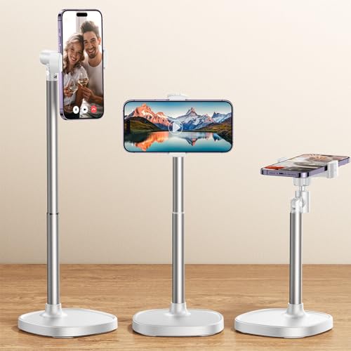 DIMONCOAT Cell Phone Stand for Desk, Angle Height Adjustable Phone Holder for Desk, Aluminum Alloy Universal Phone Stand Recording, Retractable iPhone Stand Holder Office for iPhone 15 Pro Max -White