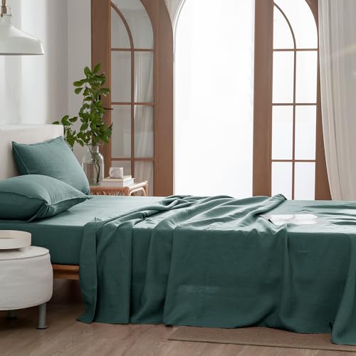 Image of EVERLY Linen Sheets Set Twin Size,100% French Stonewash Pure Linen Sheets Set,3Pieces (1Flat Sheet,1Fitted Sheet,1Pillowcase) Suitable for Hot Sleepers,Deep Pocket Bedding Set-Aqua