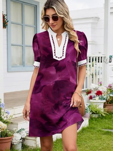 Image of Wkior Women's Summer Trim V Neck Mini Dresses with Pockets (S-XL) | Puff Short Sleeve, Trim Collar, Breathable Fabric, Lightweight Summer Clothes for Daily Wear, Sunset Beach Party