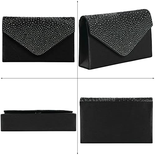 NiCoLa Women Envelope Clutch Bag Black Satin Clutch Bags, Evening Clutch Bags for Women, Clutch Bag Purse with Detachable Chain Strap for Wedding Prom Party
