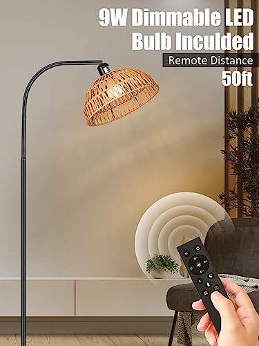 Image of Brilvibera Boho Standing Lamp with Remote Control and Dimmable Bulb | Hand-Worked Adjustable Rattan Shades, Black Farmhouse Tall Lamp, Boho Arc Floor Lamps for Living Room, Bedroom, Office