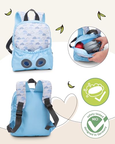 NICI Kinderrucksack blau 2 in 1 mit Kuscheltier Waschbär 25cm - Kindergartenrucksack Mädchen & Jungen - Weicher Rückenbereich & verstellbare Gurte - 49844