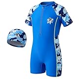 Keyck Jungen Einteiler Schwimmanzug mit Badekappe Kinder Badeanzug Kurzarm Schwimmbekleidung mit Reißverschluss Vorne Cartoon Sommerkleidung Bademode für Strand Pool 9-10 Jahre, Himmelblau