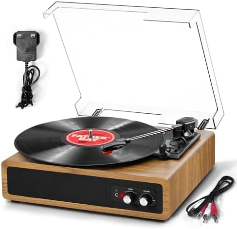 Anesky Record Player, Vintage Bluetooth Turntable with 3 Speeds (33/45/78 RPM), Built-in 2 Stereo Speakers, RCA Output, AUX Input, Belt-Driven Retro Vinyl Player for Vinyl Records - Natural Wood