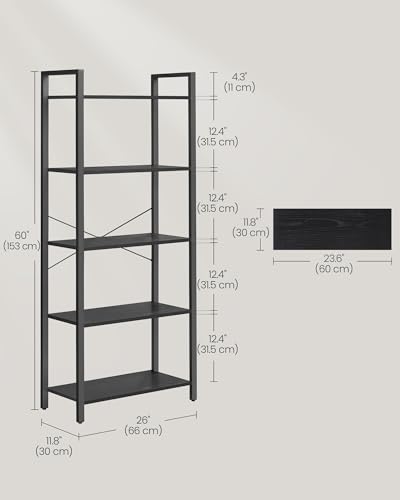 Image of VASAGLE 5-Tier Bookshelf, Bookcase with Steel Frame, Book Shelf for Living Room, Home Office, Study, 11.8 x 26 x 60.2 Inches, Industrial Style, Ebony Black and Ink Black ULLS061B56