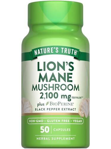 Nature's Truth Lions Mane Supplement Capsules | 2100mg | 50 Count | with BioPerine | Vegan, Non GMO & Gluten Free Extract Formula
