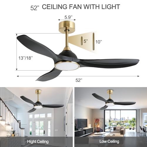 Image of 52 Inch High CFM Modern 3 Blade Black Gold Ceiling Fan with Lights Remote