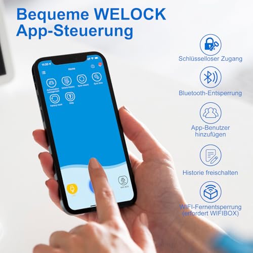 WELOCK ToucA51 Fingerabdruck Passwort Türschloss, Elektronisches Fingerabdruck Pin Code Schloss mit App, Passwort, RFID-Karte und WIFI(WIFIBOX Erforderlich), Geeignet für Türen von 30-70 mm