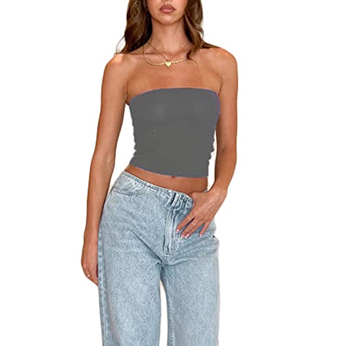 Xeadoffubio Femme Top Tube Bandeau Tube Corset Bralette D'été Débardeur sans Manches Y2K Sexy Débardeur sans Manches À Coupe Étroite Bustier Party Chemise Bandeau sans Manches (Gris, M)