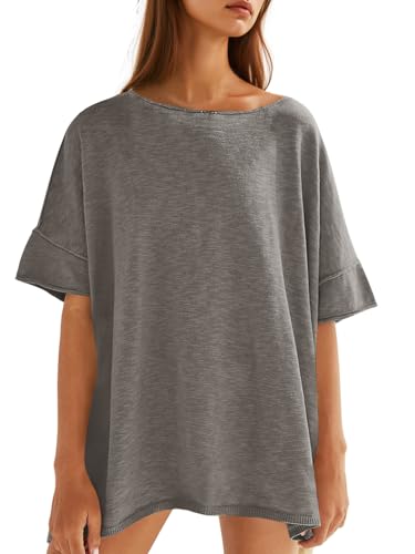Tankaneo Women's Oversized T-Shirts, Grey, Large | Casual Summer, Crew Neck, Loose Dropped Short Sleeve, Side Slit Hem, Blouse Tunic Tops