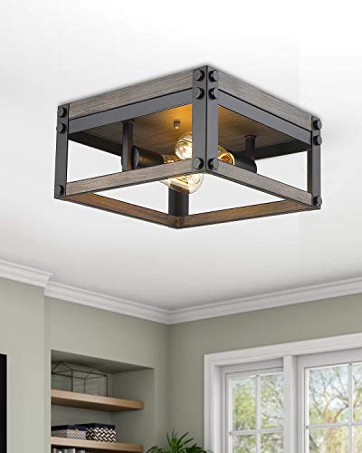 Osimir 2-Light Square Flush Mount Ceiling Light, 12 Inch Farmhouse Ceiling Light Fixture, Black & Wood Grain Texture Finish, Re9180-2A #TOP3