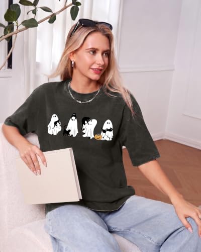Aiyino Womens Halloween Ghost Cat Vintage Washed Graphic Tee Dark Grey L - image 6