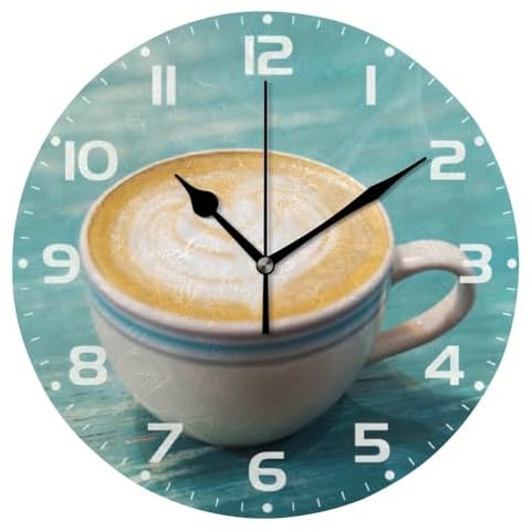 Hapuxt Wall Clock PVC Non Ticking Silent Fashion Morning Coffee Blue Round Battery Operated Home Decorative Kitchen Office Living Room Bedroom 9.8 Inch Cover