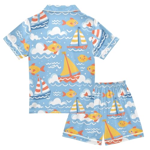 ALAZA Boat Fish Wave Cloud Satin Pajamas Set Short Sleeve Button Down Sleepwear Summer Pjs 2 Piece2