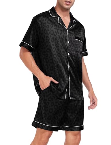 Image of SWOMOG Men Satin Silk Pajamas Sets Short Sleeve Sleepwear Button-Down PJs Sets Two-Pieces Loungewear with Pockets