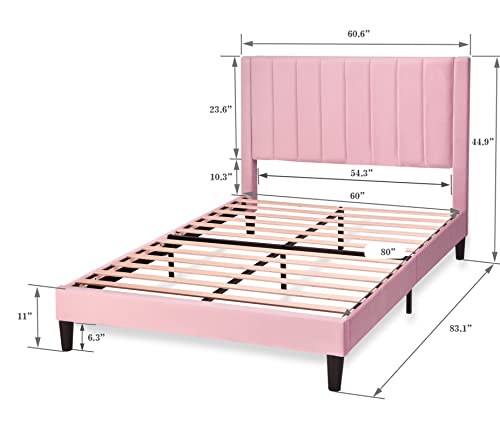 Image of Allewie Queen Bed Frame /Velvet Upholstered Bed Frame with Vertical Channel Tufted Headboard /Strong Wooden Slats /Platform Bed Frame /Mattress Foundation /Box Spring Optional /Easy Assembly /Pink