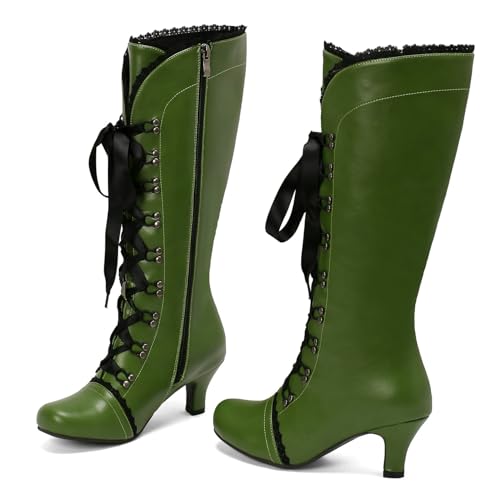 Betastella Womens Lace Up Victorian Boots Chunky Low Kitten Heel Knee High Vintage Boots Witch Boots4