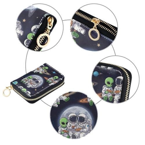 Cute Card Holder Wallets RFID Blocking Women's Wallet Leather Small Travel Cash Wallet with Coin Pocket Astronauts Green Aliens Starry4
