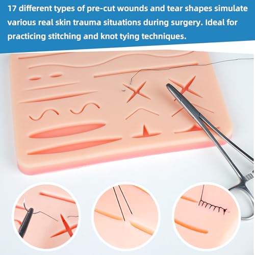 Image of Suture Practice Pad Three-Layer Silicone Skin Kit, Upgraded 17 pre-Cut Wounds, Suture Pad for Medical and Veterinary Students Training (Pack of 3)