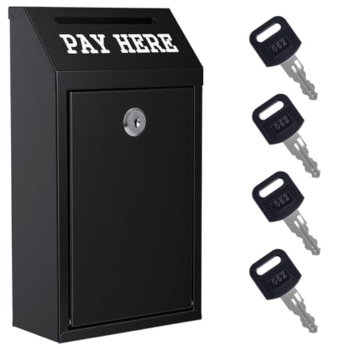 Sumerfnt Locking Cash Box with Slot, Metal Money Donation Box with Lock and 4 Keys Wall Mount, Cash Drop for Farm Stand, Self-Serve Stand, Tips, Fundraising, 10.24" x 5.7" x 2.95", Black