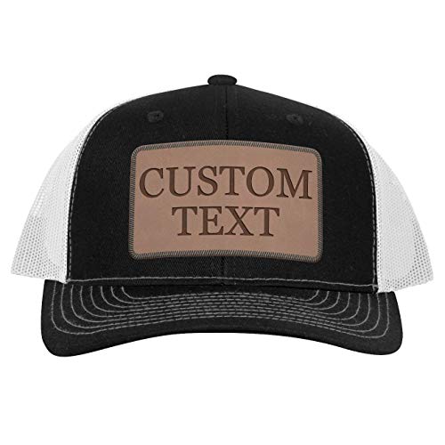 Custom Engraved C112 Trucker Hat - Leather Dk Brown Patch CP07, Blackwhite